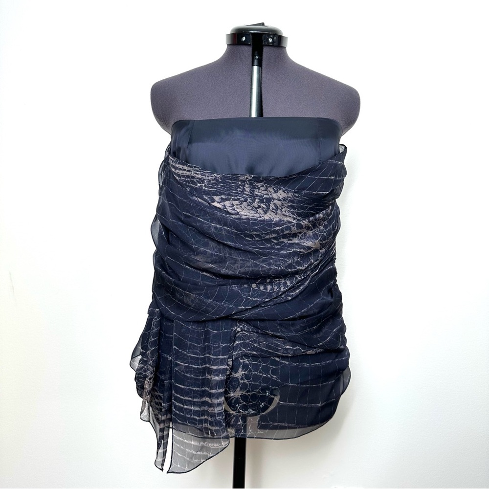 Guy Laroche Paris Quiet Luxury Navy Blue Snakeskin Silk Draped Strapless Top